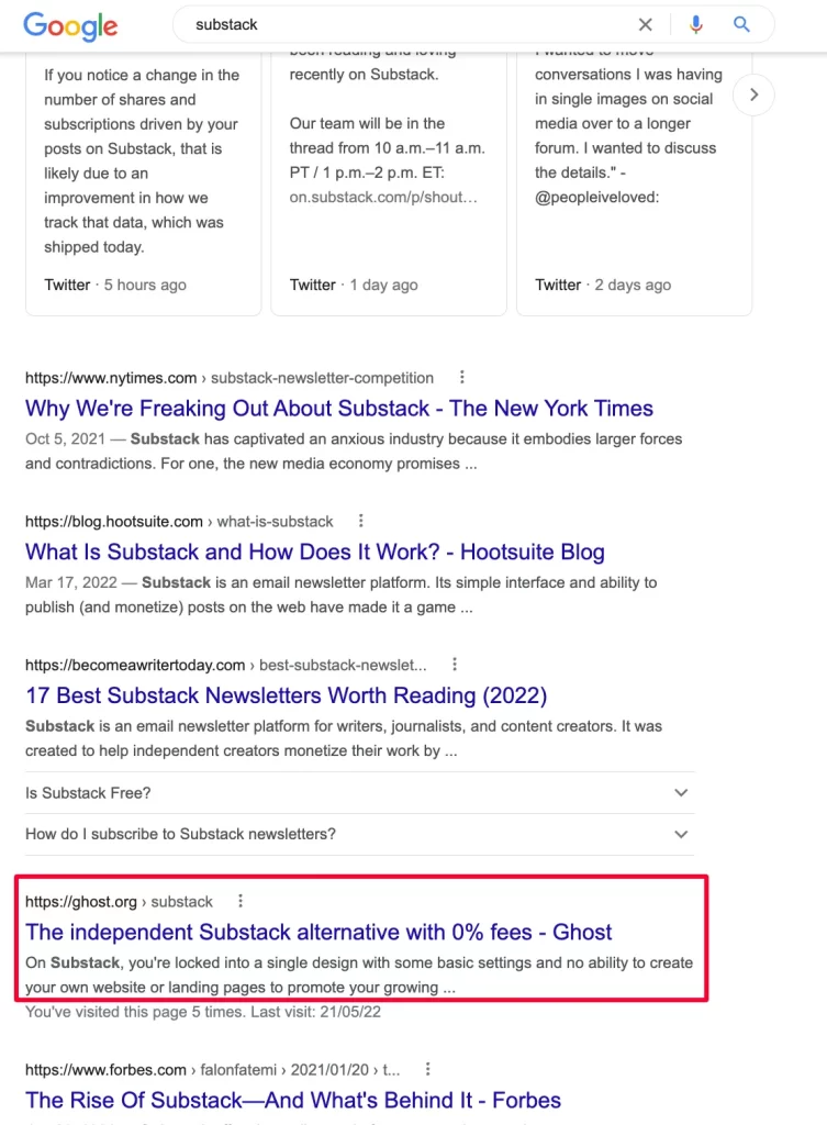 SS of the second half of the 1st page of Google when searching for “Substack”